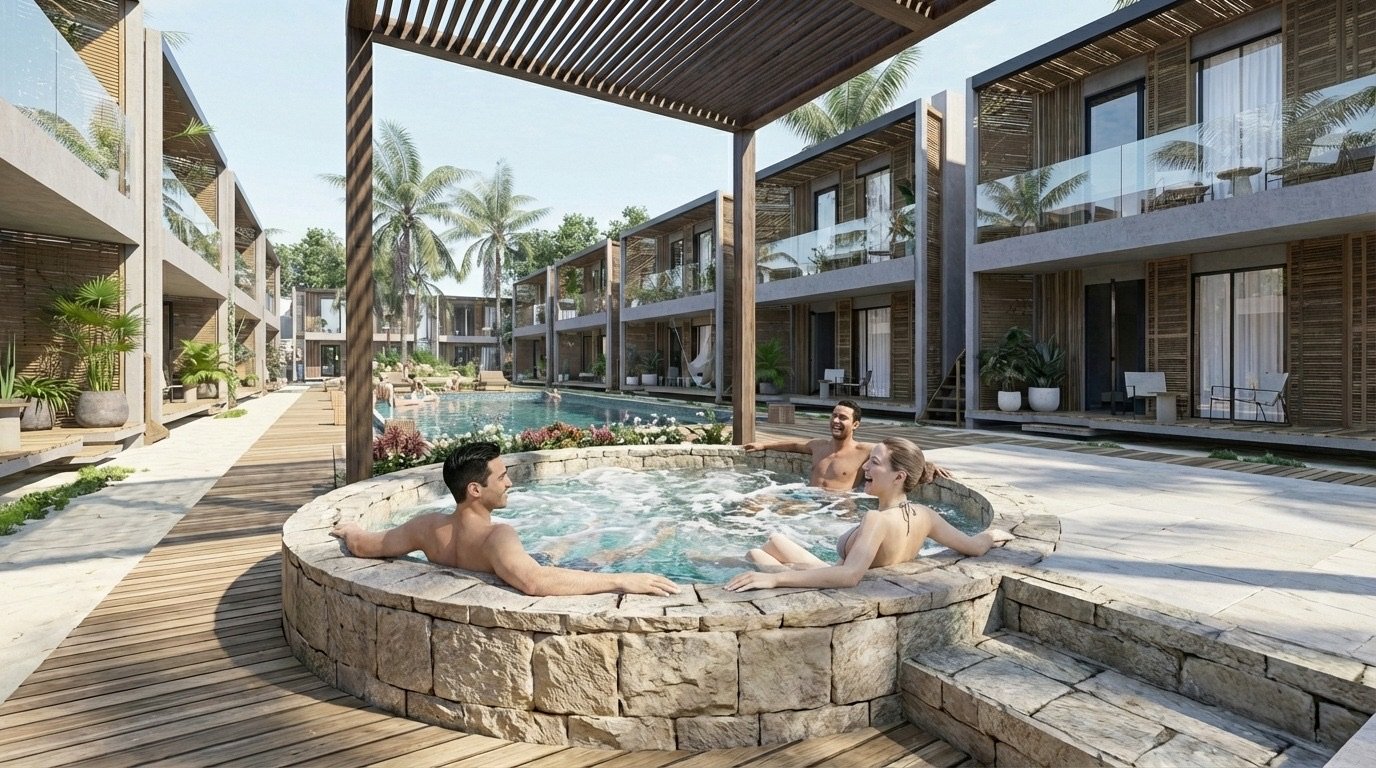 Jacuzzi exterior y suites de Ocean Wellness