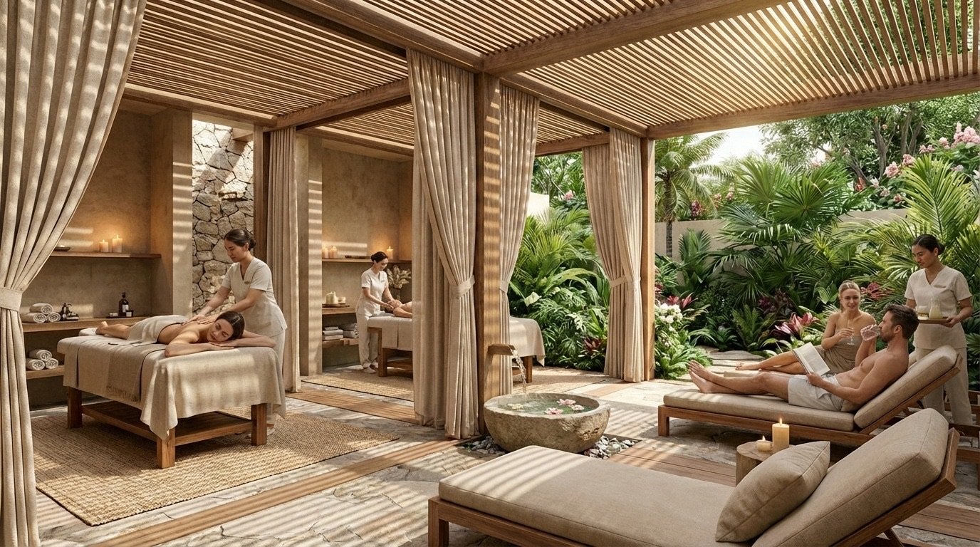 Spa abierto entre jardines tropicales en Ocean Wellness